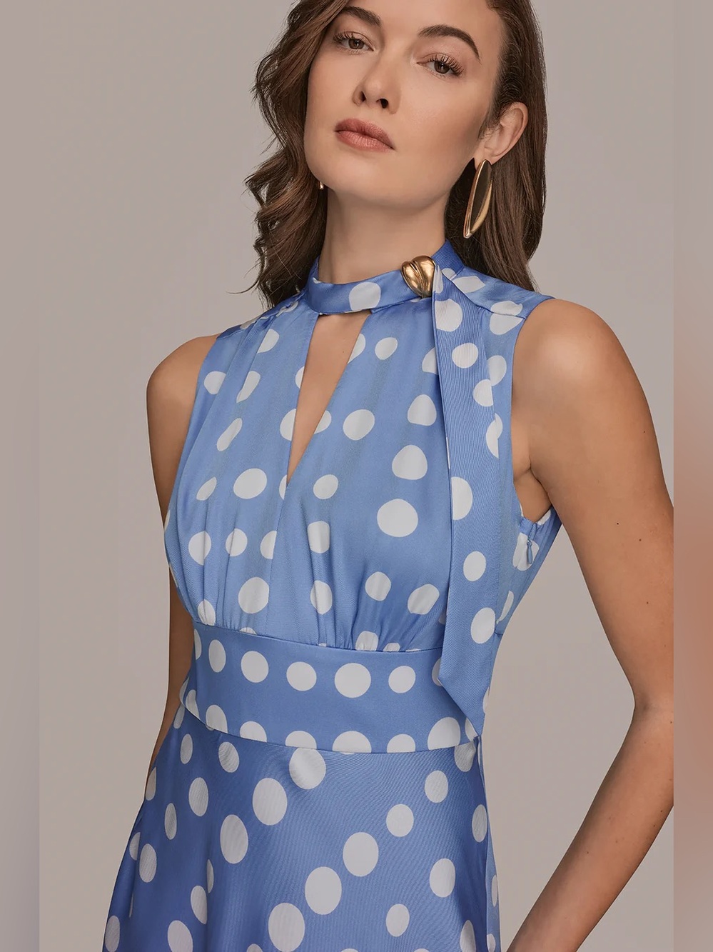 Donna Karan blue SATIN POLKA-DOT TIE-NECK MIDI DRESS - Picture 4 of 12